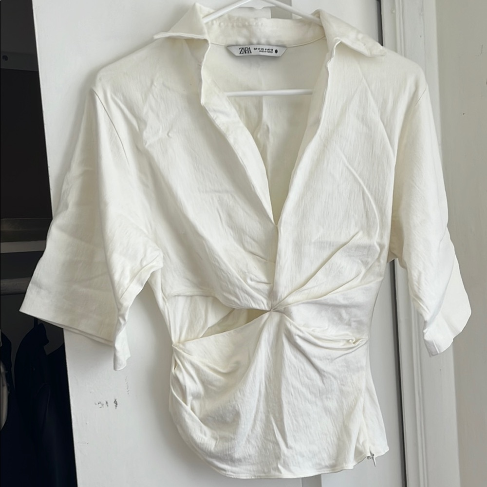 Zara White Button Down Shirt with Tie Front and Notched Collar